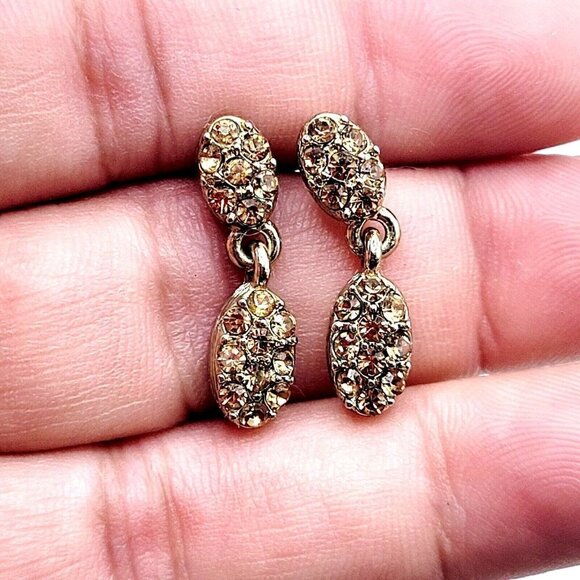 Monet Drop Dangle Topaz Colored Rhinestone Earrings Gold Tone 1" Pierced - Picture 1 of 5